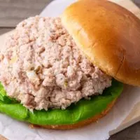 ham spread piled on a sandwich bun.