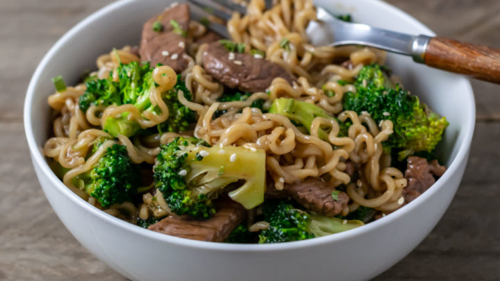 Broccoli and Beef Noodles in a bowl.