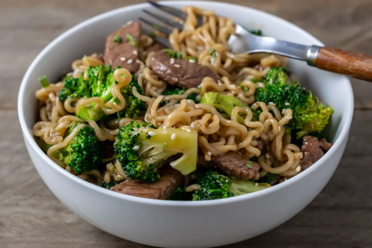 Broccoli and Beef Noodles in a bowl.