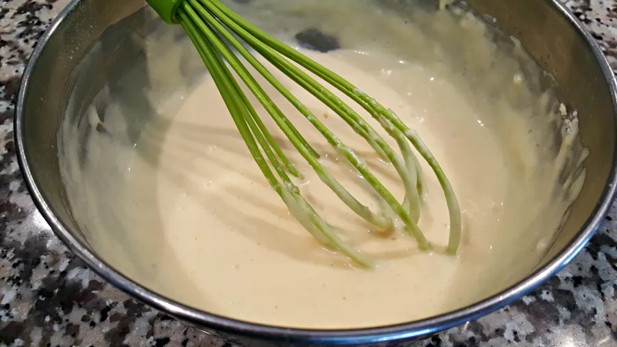 pancake batter whisked in a bowl.