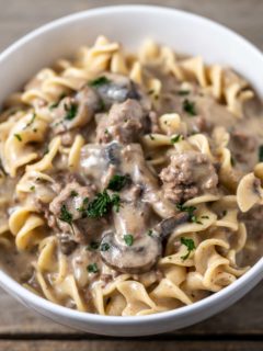 Easy Stroganoff with Ground Beef in a bowl.
