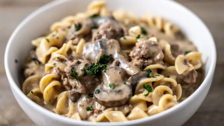 Beef Stroganoff Easy Ground Beef in a bowl.