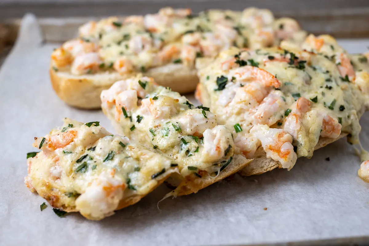 Cheesy Shrimp Garlic Bread on a baking sheet.