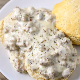 Old Fashioned Biscuits and Gravy on a plate.