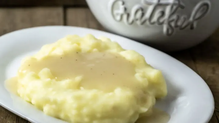 3 Ingredient Gravy on top of mashed potatoes.