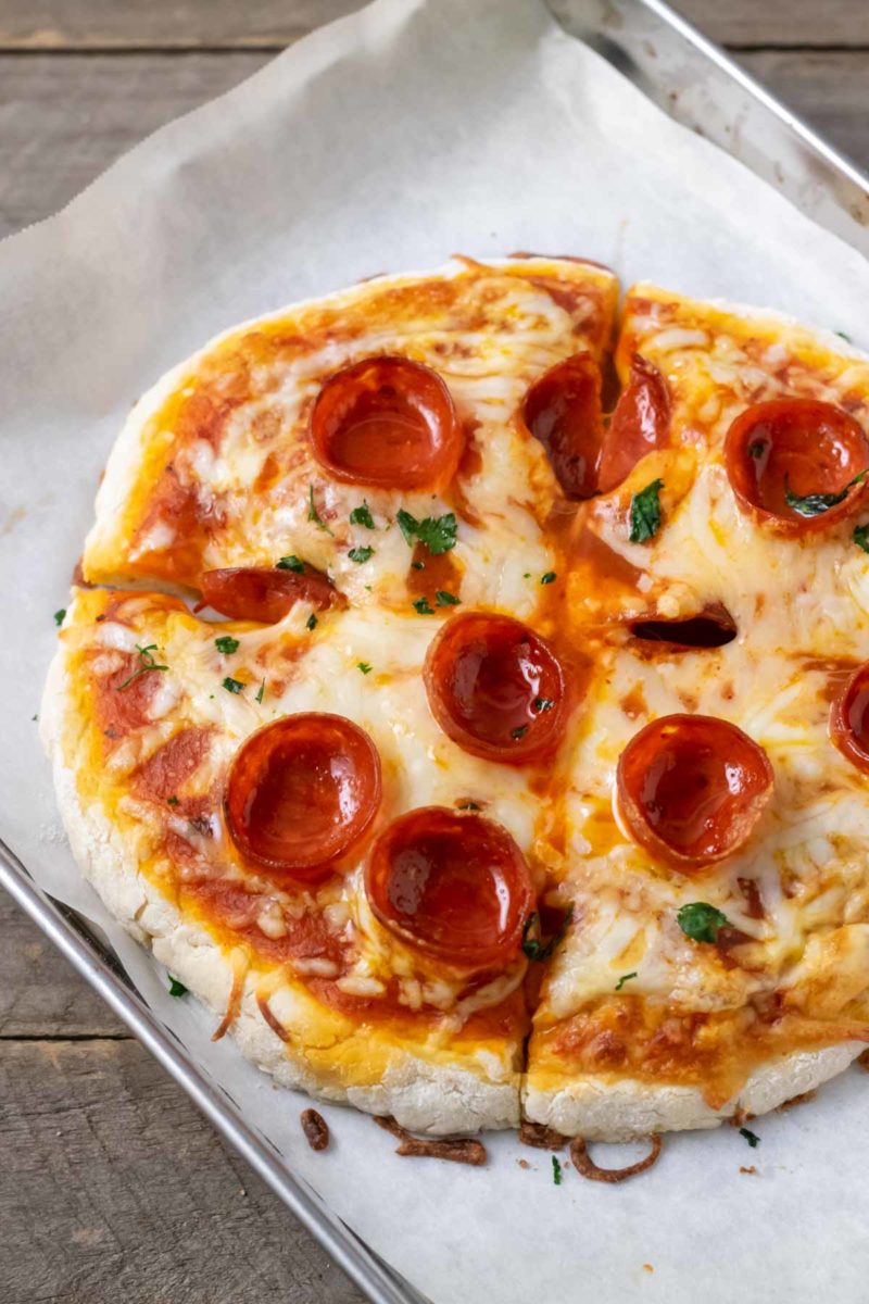 a pizza made with No Yeast Thin Crust Pizza Dough.