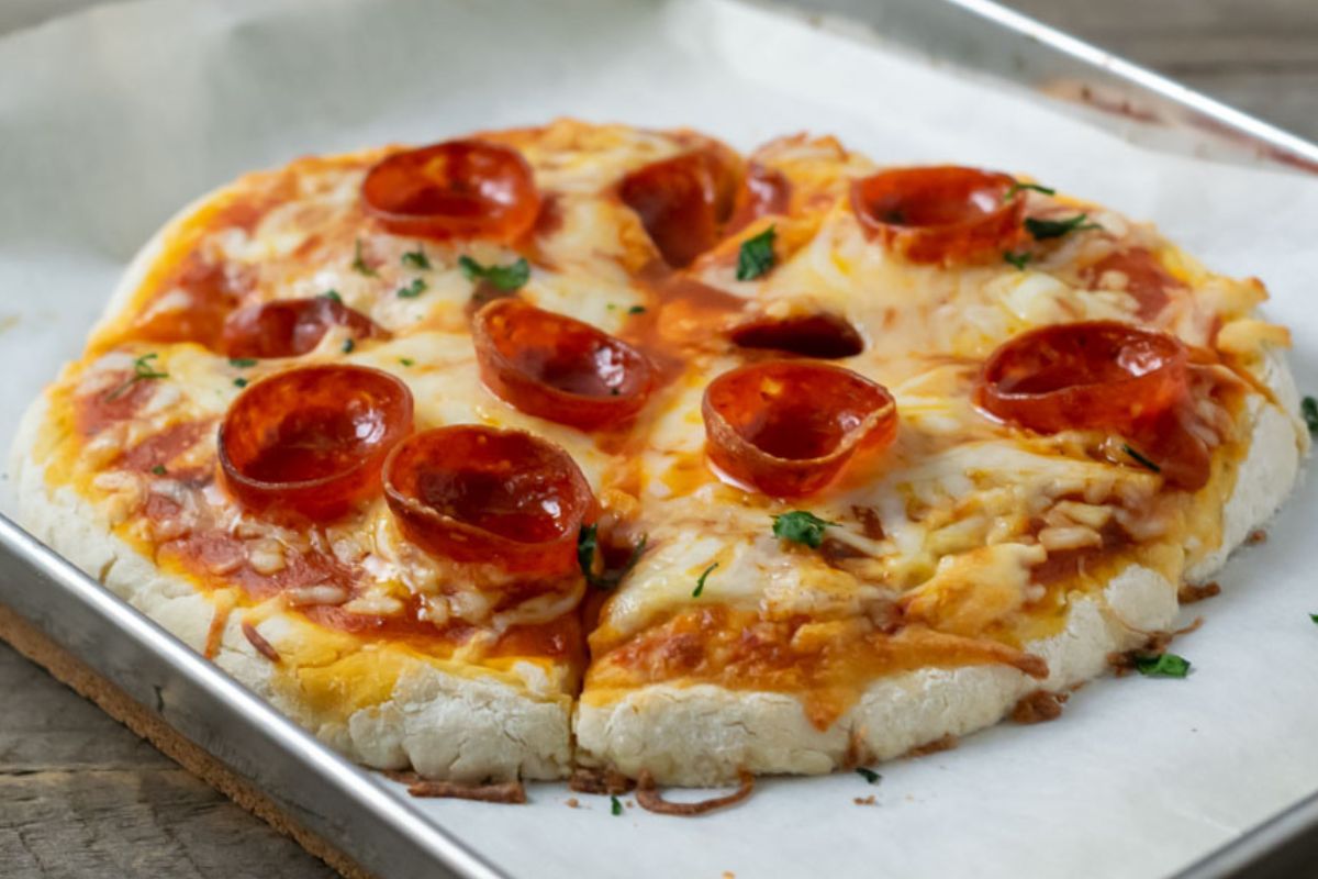 a pizza made with Homemade Yeast Free Pizza Dough.