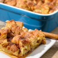 Easy Brioche French Toast Casserole on a plate with a fork.
