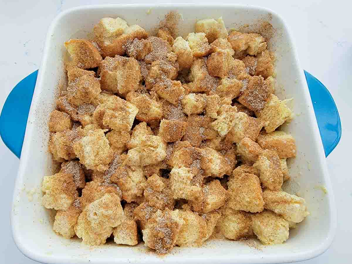 unbaked french toast casserole in a baking dish.