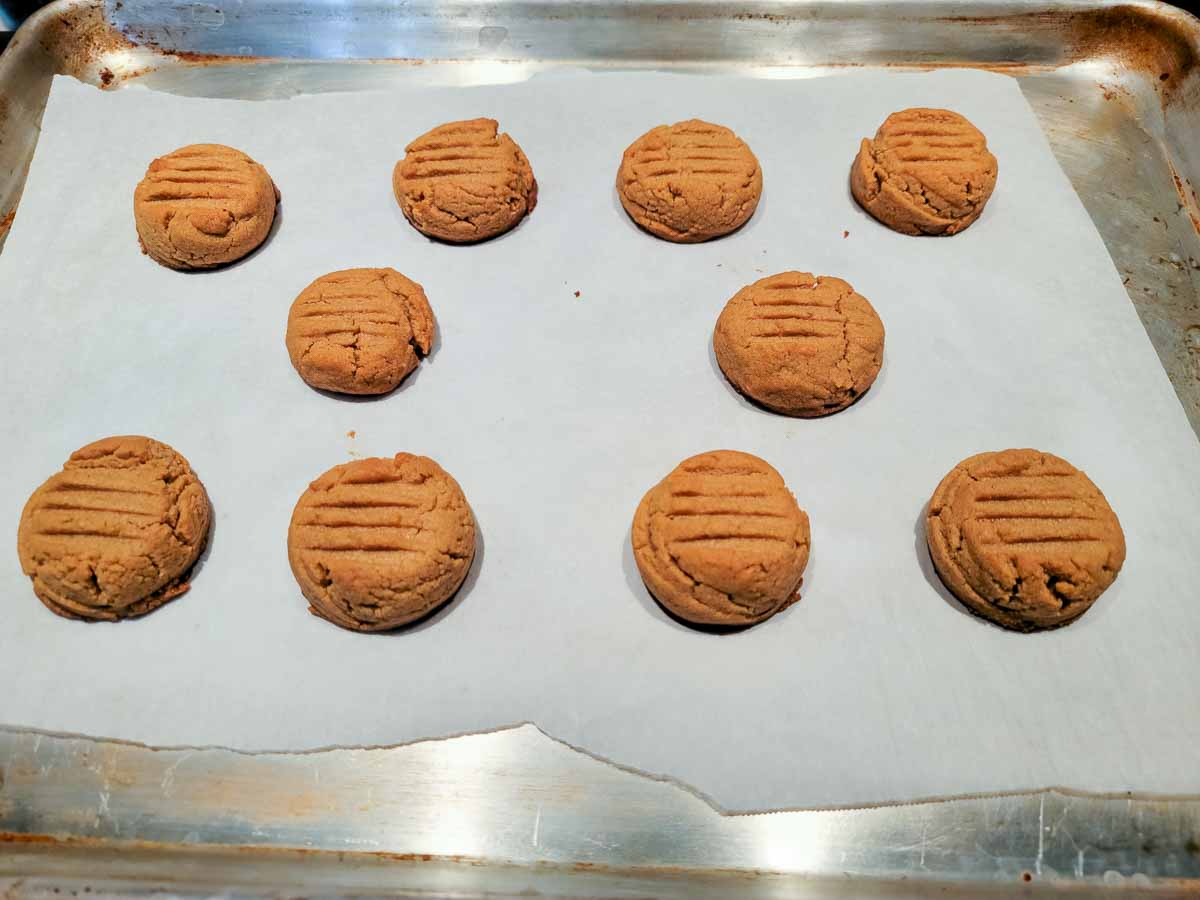 baked peanut butter cookies on a baking sheet.