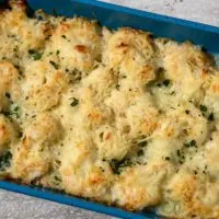 Baked Scallops and Shrimp in a casserole dish.