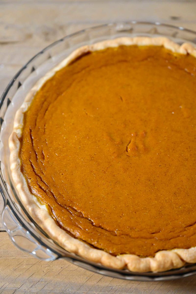 Pumpkin Pie without Evaporated Milk in a glass pie dish.