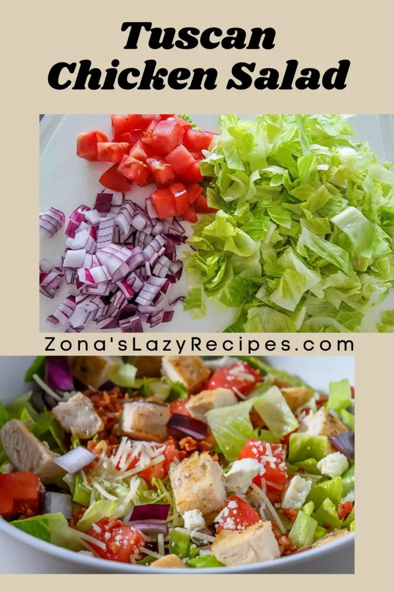 salad ingredients on a cutting board and a bowl of feta chicken salad.