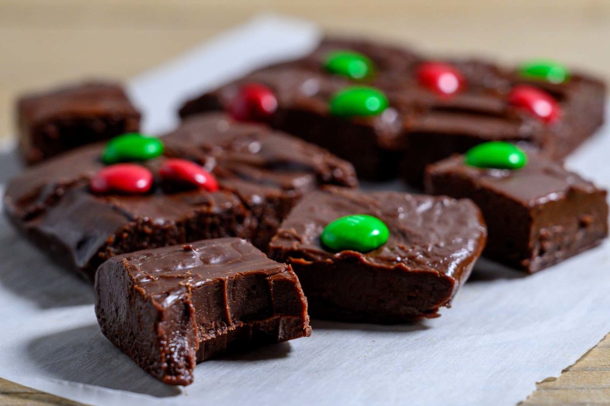 Easy Christmas Fudge with only 4 ingredients on parchment paper.