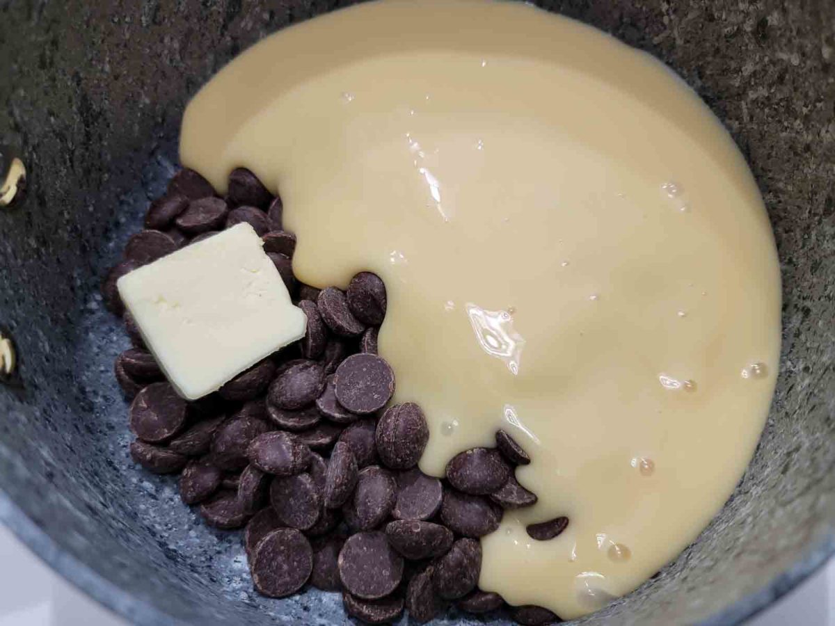 chocolate chips and the condensed milk, and butter in a sauce pan.