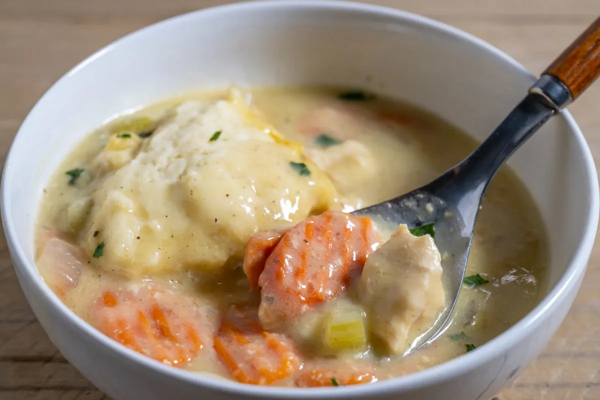 Slow Cooker Stew and Dumplings in a bowl with a spoon scooping some out.