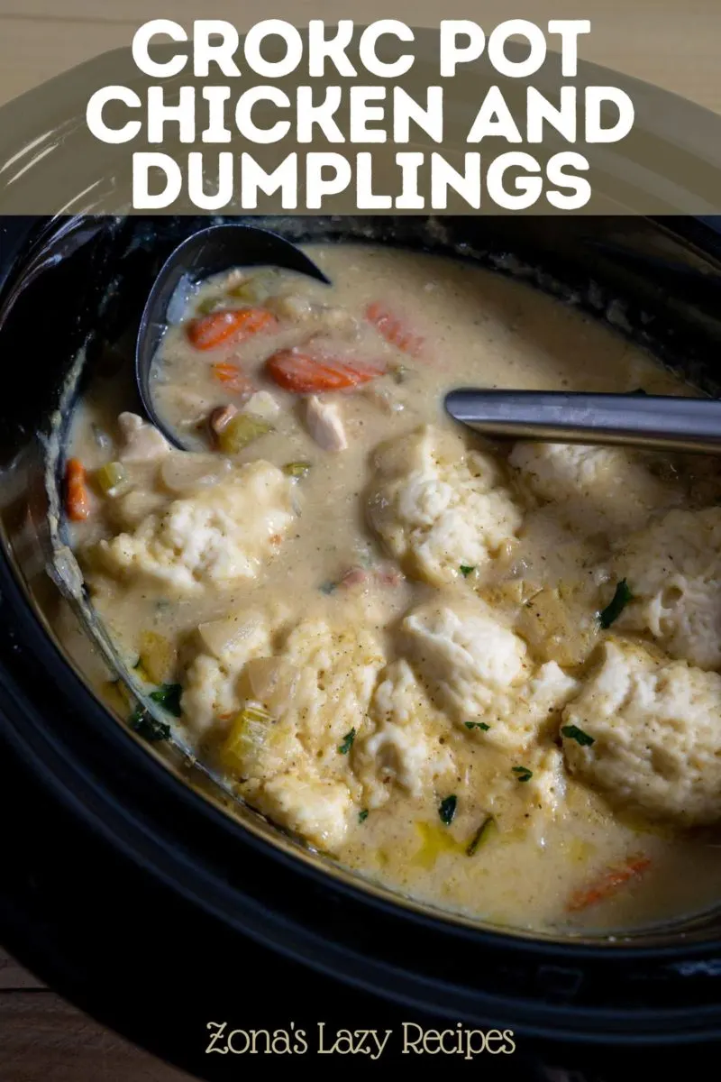 Crock Pot Chicken and Dumplings with a ladle scooping some out.