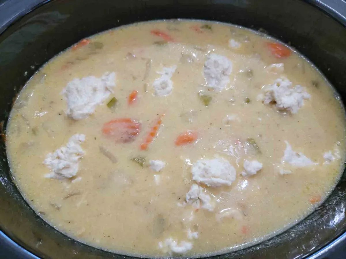 raw dumplings added to the chicken stew in a crock pot.