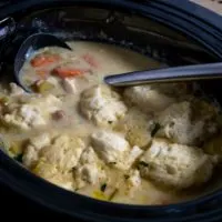 Slow Cooker Stew and Dumplings in a slow cooker pot.