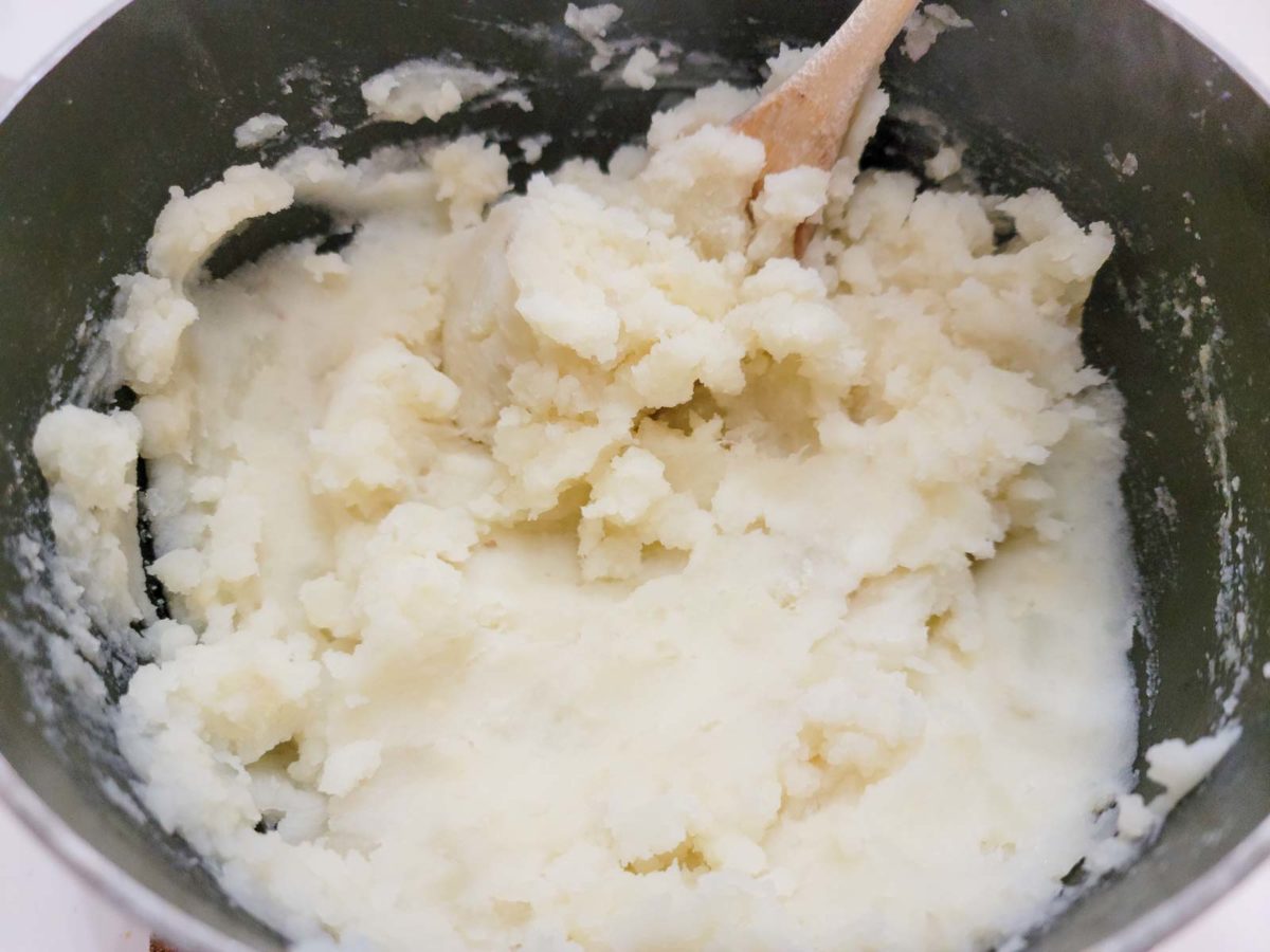 mashed potatoes in a pan.
