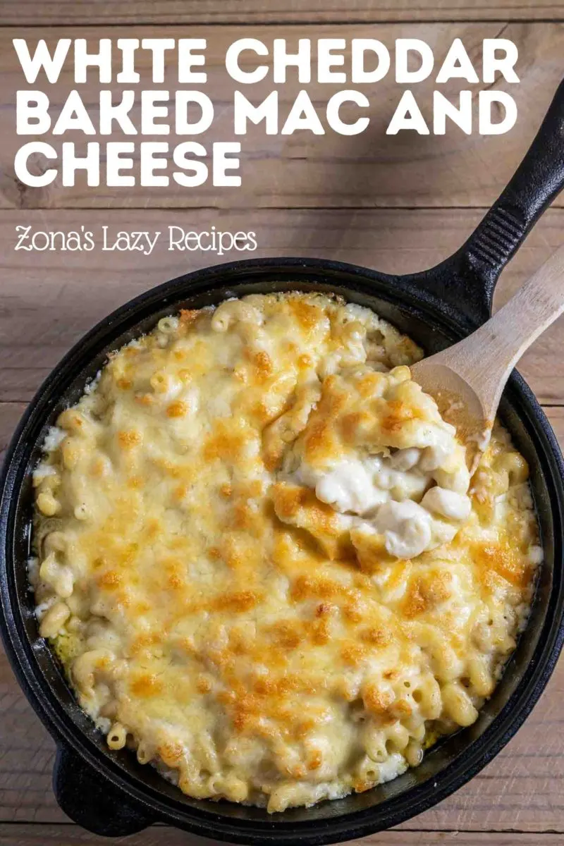 White Cheddar Baked Mac and Cheese in a cast iron skillet.