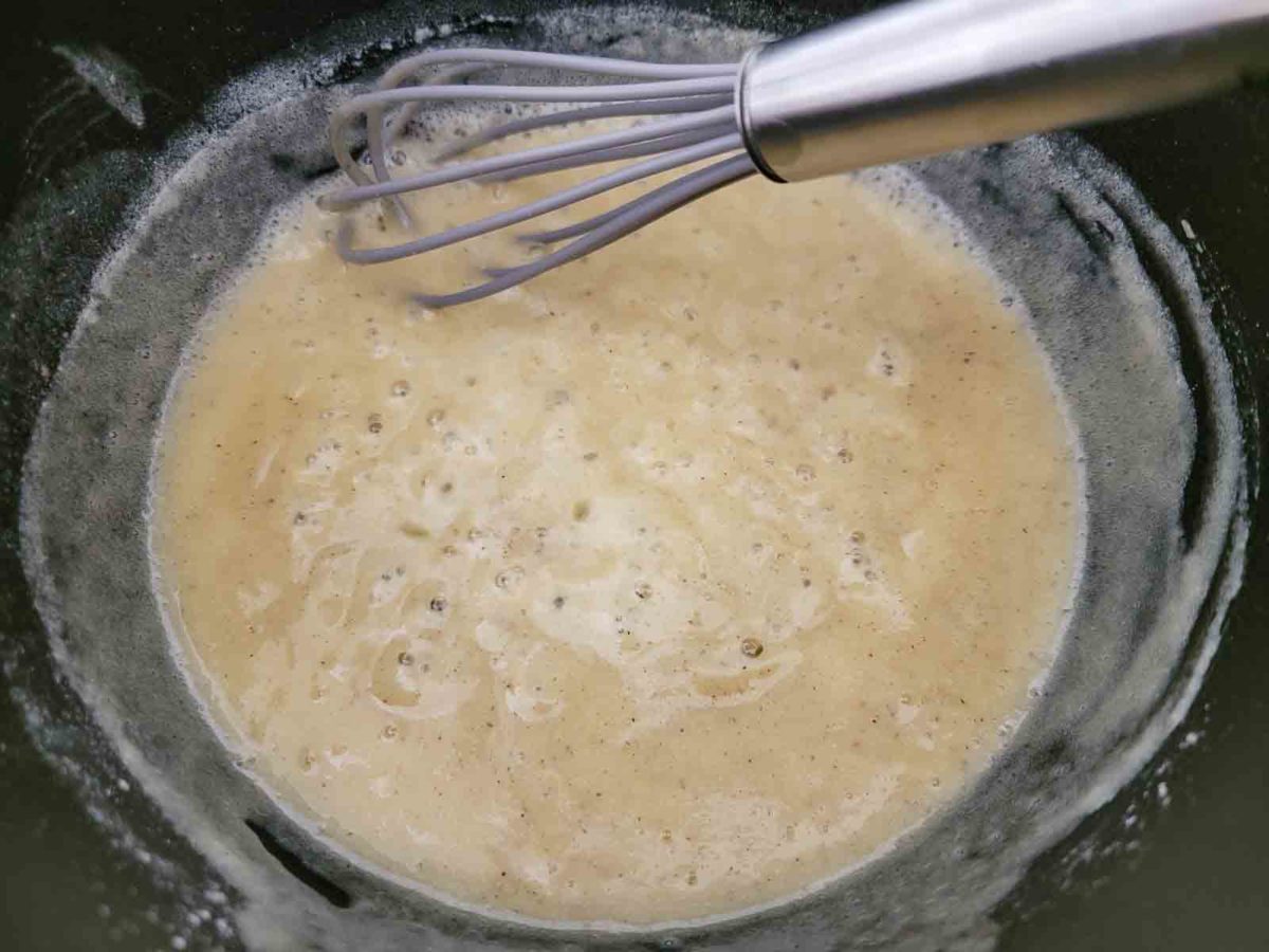 butter, flour, dry mustard, and black pepper whisked in a sauce pan.