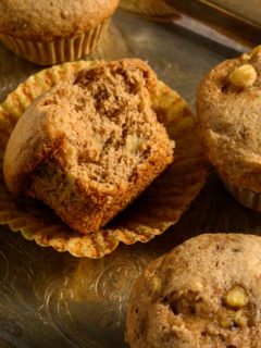 Banana Spice Muffins on a tray.