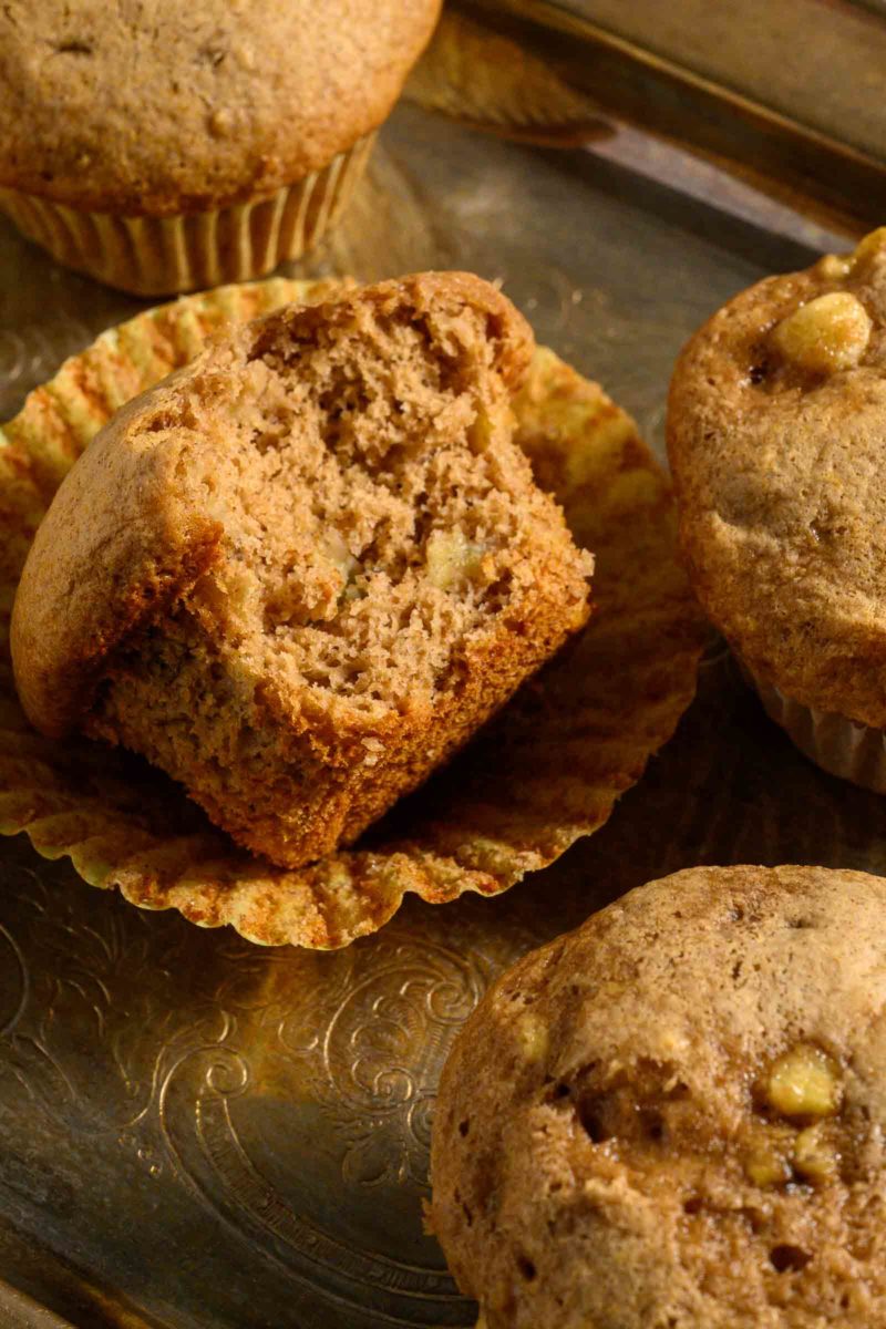 Banana Spice Muffins on a tray.