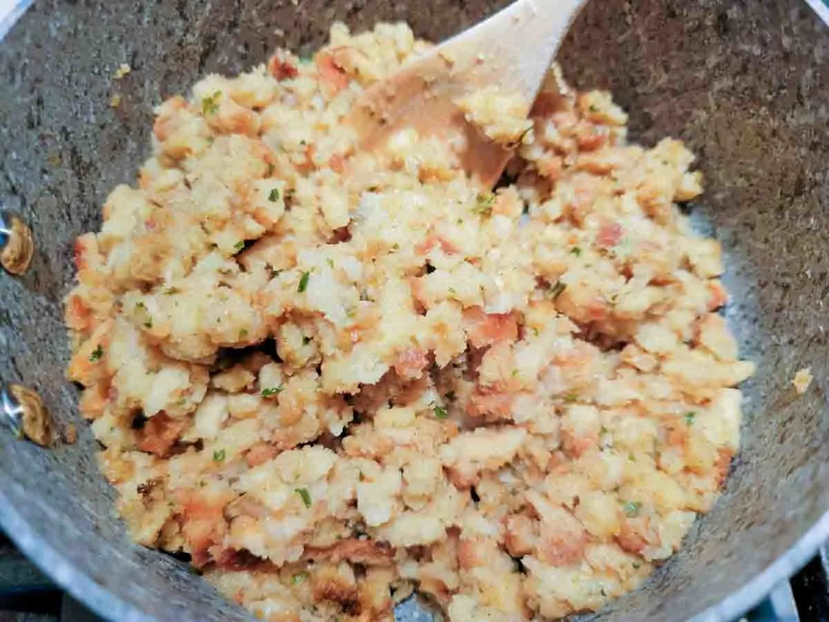 stovetop stuffing cooking in a pan.