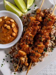 Easy Thai Chicken Skewers over rice.