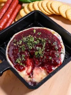 4 Ingredient Brie and Jam in a small cast iron pan.