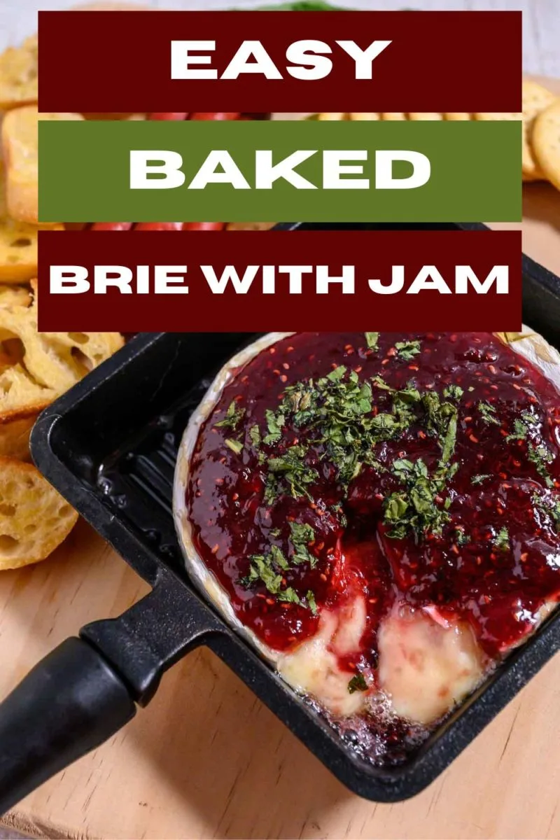 Easy Baked Brie with Jam in a small baking dish.