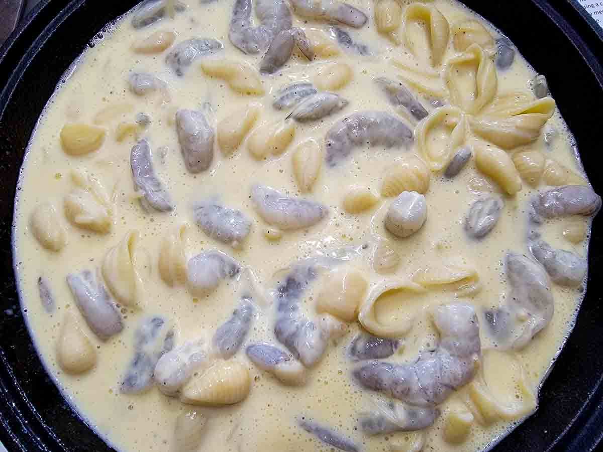 milk mixture, pasta, shrimp, egg, parmesan cheese, and cream cheese mixed in a cast iron skillet.