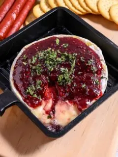 4 Ingredient Brie and Jam in a small cast iron pan.