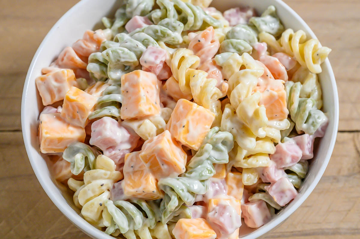 Easy Ham and Cheddar Pasta Salad in a bowl.