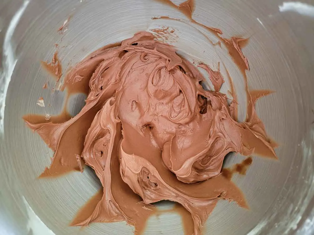 chocolate cream cheese filling mixed in a bowl.