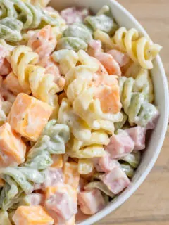 Easy Ham and Cheddar Pasta Salad in a bowl.