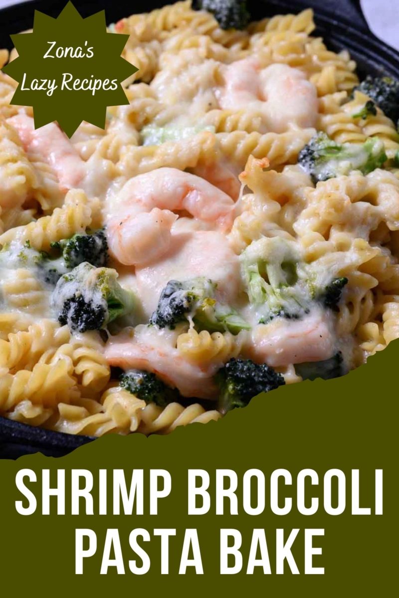 Shrimp Broccoli Pasta Bake in a skillet.