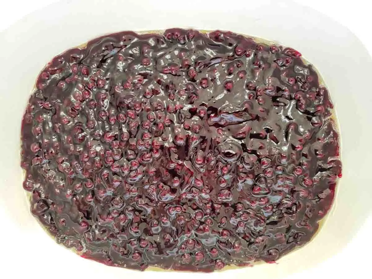 blueberry pie filling in the bottom of a large dish.