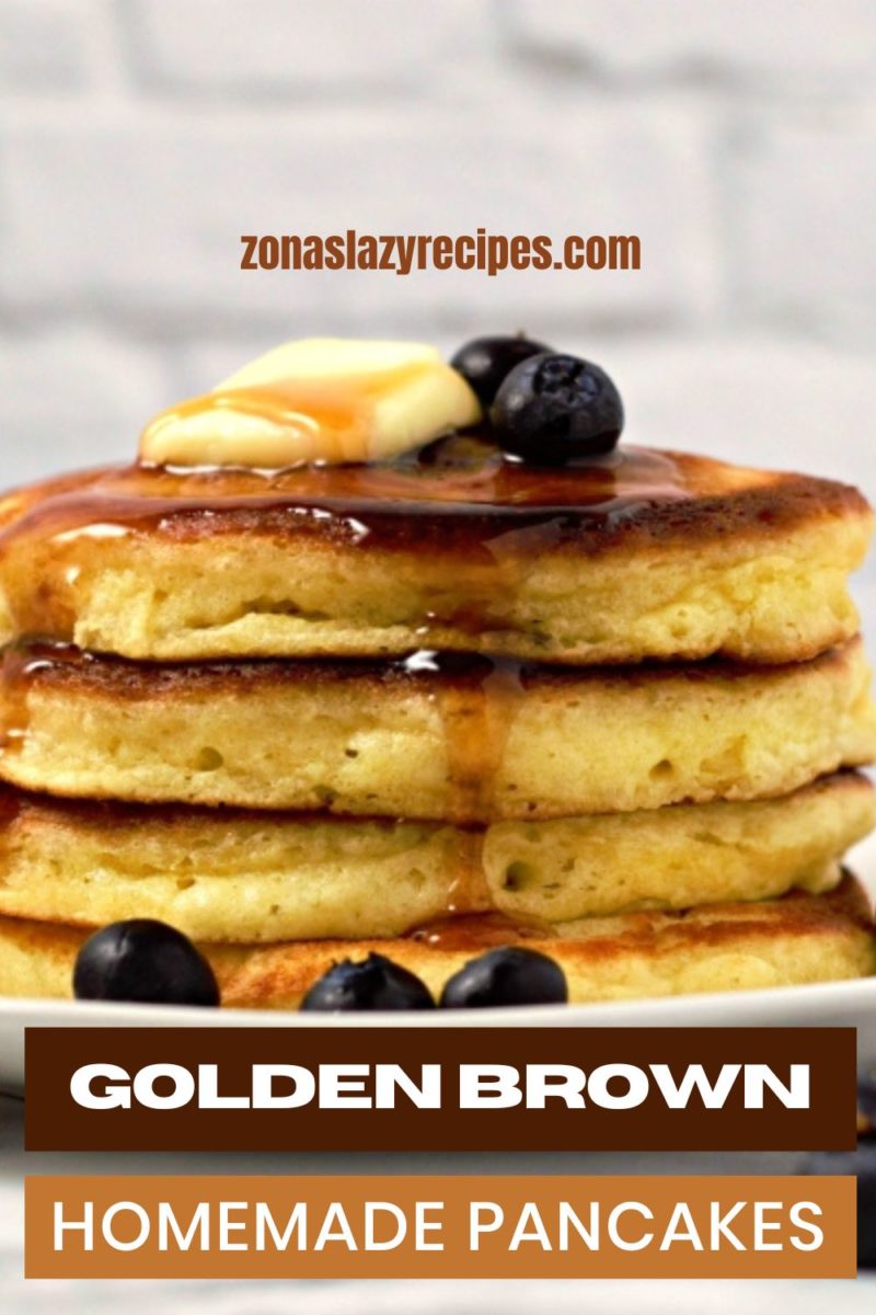 Golden Brown Homemade Pancakes in a stack on a plate.