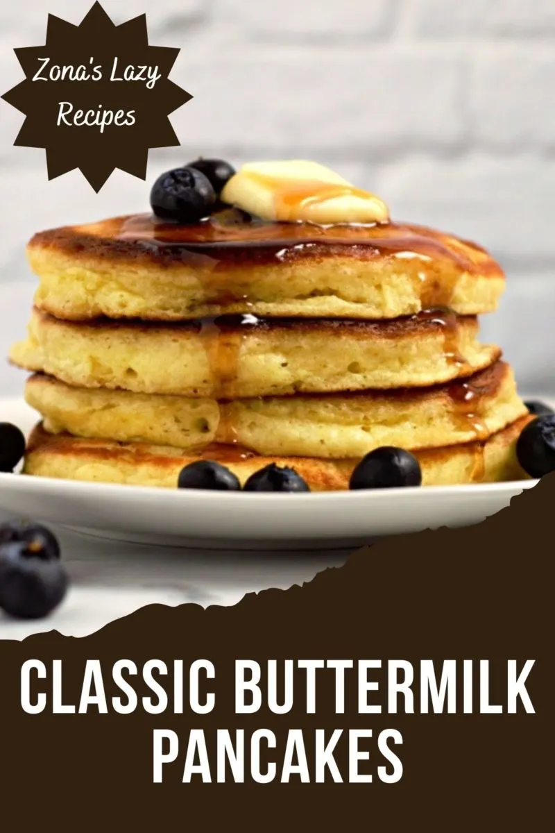 Classic Buttermilk Pancakes in a stack on a plate.