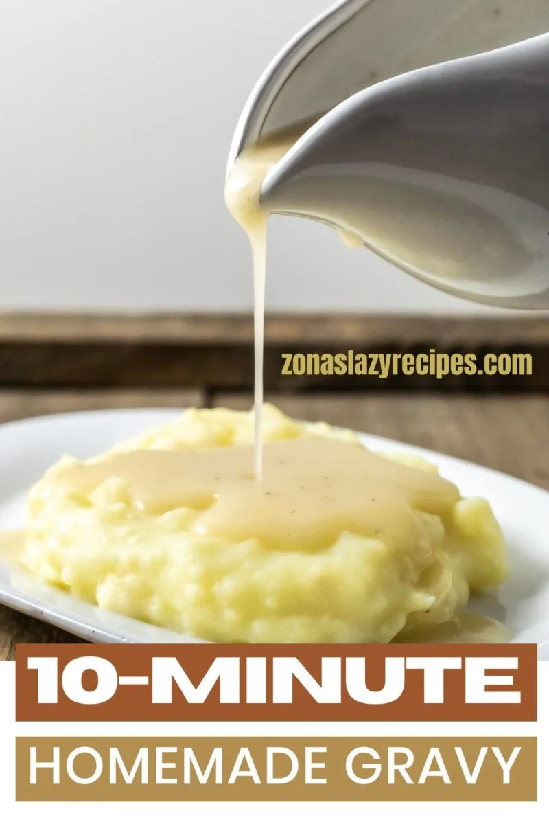 10-Minute Homemade Gravy pouring over mashed potatoes.