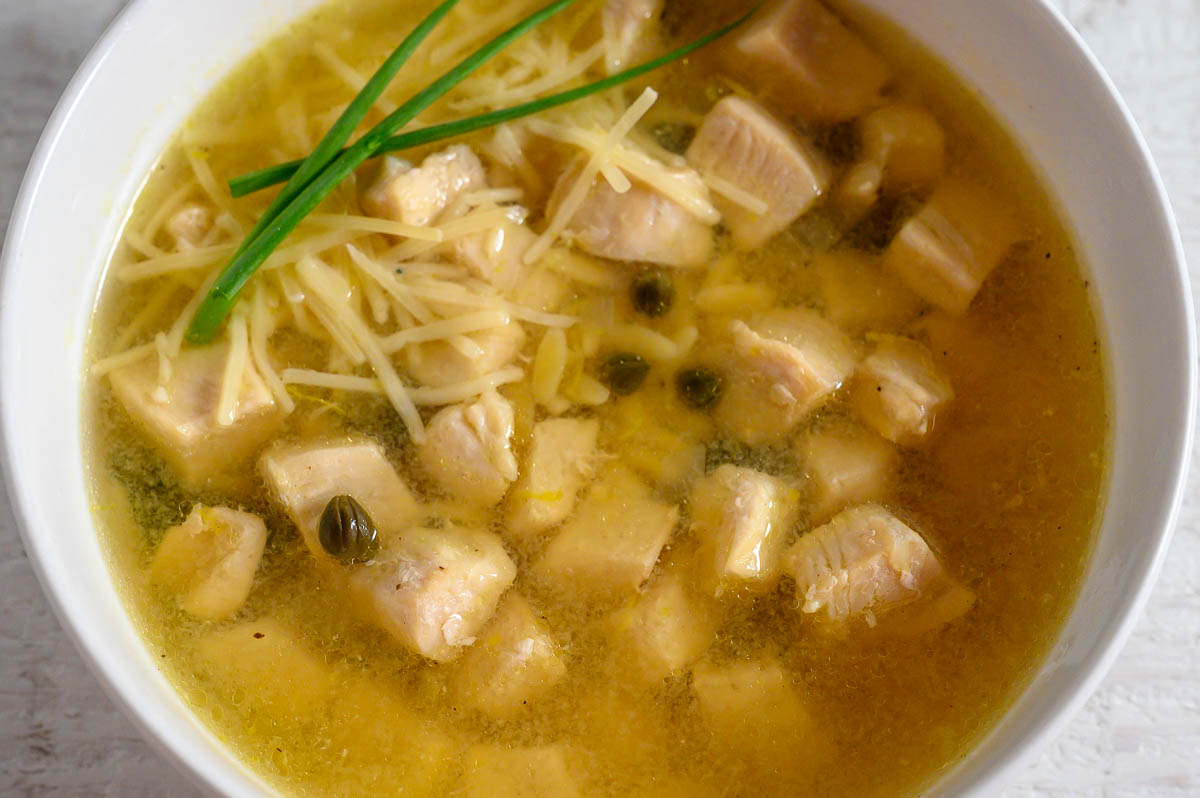 Chicken Piccata Soup in a bowl.