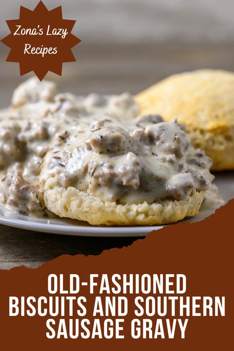 Old-fashioned Biscuits and Southern Sausage Gravy on a plate.