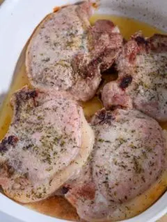 4 Ingredient Oven-baked Pork Chops in a baking dish.