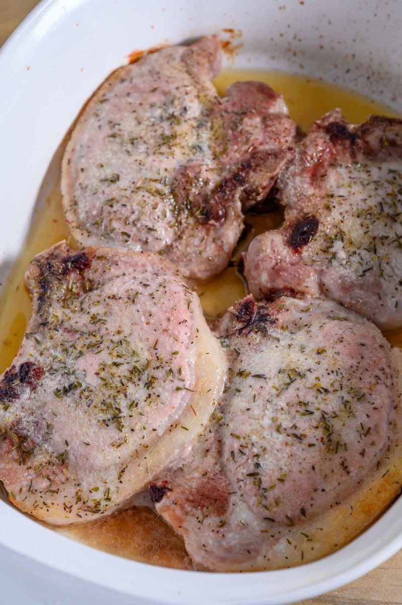 4 Ingredient Oven-baked Pork Chops in a baking dish.