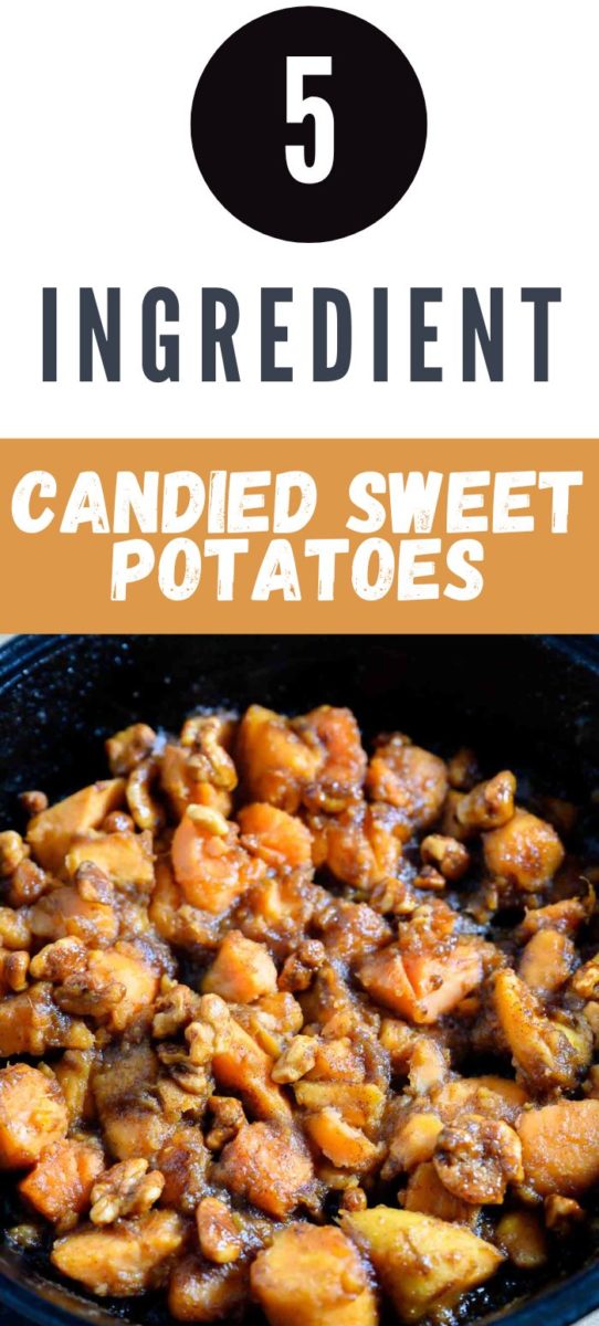 5 Ingredient Candied Sweet Potatoes in a cast iron skillet.