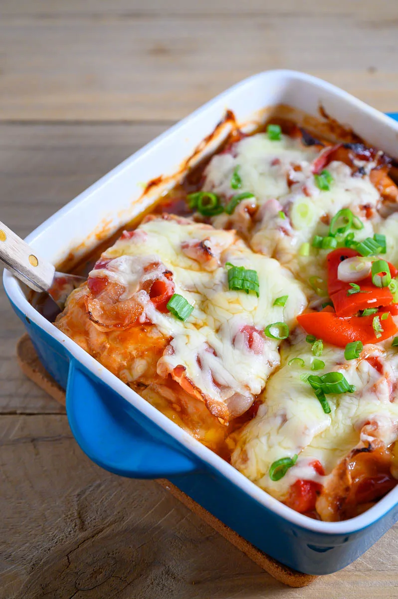 5 Ingredient Monterey Chicken Casserole in a baking dish.