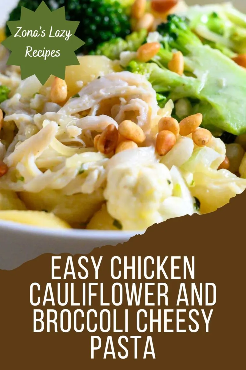 Easy Chicken Cauliflower and Broccoli Cheesy Pasta in a bowl.