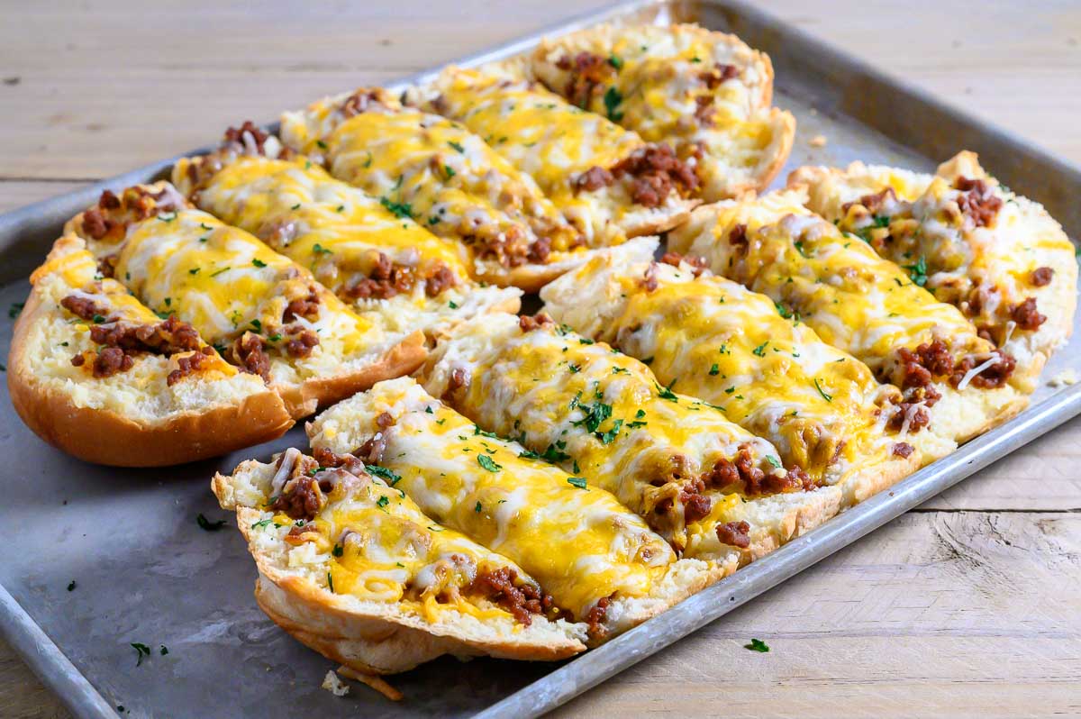 Ground Beef and Garlic Bread Recipe on a cookie sheet.